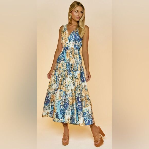 Showpo EMILY MIDI DRESS - PLUNGE TIERED MIDI IN PATCHWORK FLORAL - Picture 1 of 9